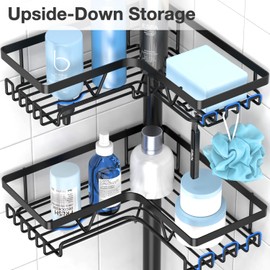 KEGII Floor Corner Shower Caddy Standing, Rustproof 4-Tier Shower Shelf Organizer with Hooks & Soap Holder, Free-Standing Bathroom Storage Rack for Shampoo & Toiletries, Black