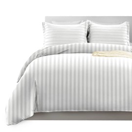 Imperial Rooms Duvet Cover Sets – Stripes Satin Quilt Cover Bedding Sets with Pillowcase, Reversible Ultra Soft Hypoallergenic Microfiber Bed Covers (White, Single)