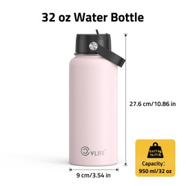 CVLIFE 32 Oz Insulated Water Bottle with Straw, Leak Proof Stainless Steel Thermos for Cold and Hot Drinks, Metal Travel Bottles for Gym and Sports (Light Pink)​