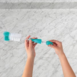 Nuby Bottle and Nipple Brush with Bristles and Sponge Tip | 3 Pack: Aqua, Coral, Lime Green| Hanging Handle with Hook for Drying