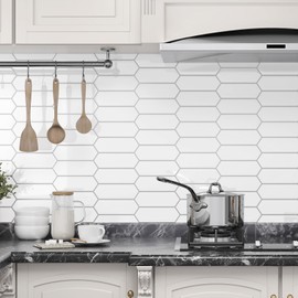 WESTICK 10-Sheet White Peel and Stick Backsplash Long Hexagon Stick on Backsplash Tiles for Kitchen Self Adhesive Faux Tile Backsplash Peel and Stick Tiles for Walls Bathroom Laundry Room 12" x 12"