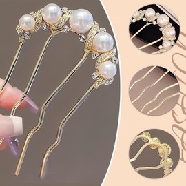WHYCNJL Pack of 2 French Twist Hair Pins with Beads and Rhinestones for Thick Hair, French Hair Pins for Women, Bun Pins for Hair, Chignon Hairpin Tool for Girls, Styling Accessories