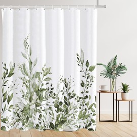 Tititex Olive Green Eucalyptus Shower Curtain Sets, Watercolor Leaves Plant with Floral Bathroom Decoration 71x71 Inch with Hooks