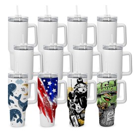 sweet grain 40 oz Sublimation Tumbler with Handle and Straw(12 Pack) Stainless Steel Double Wall Vacuum Insulated Travel Mug Cup Tumblers Bulk Sublimation Blank - White