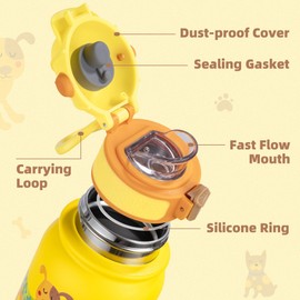 OLDLEY Kids Water Bottle 12oz Insulated Water bottle, Double Wall Stainless Steel Vacuum Bottle, Leak-Proof Sport Bottles for School Boys Girls,Yellow Dog