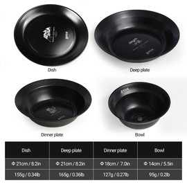 喜马拉雅 Medium Stainless Steel Plate Portable Non-stick Dinnerware for Youth, Adults, Family, Camping, Hiking, Beach, Outdoor Use 7.09 inch Black (8.27 inch black deep)