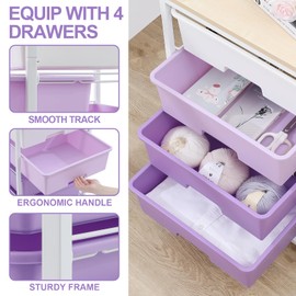 Utility Cart with 4 Drawers,Rolling Storage Cart with Drawers,Storage Rolling Drawer Cart with Wooden Tabletop for Bedroom,Kid's Room,Dorm,Classroom,Office, Purple