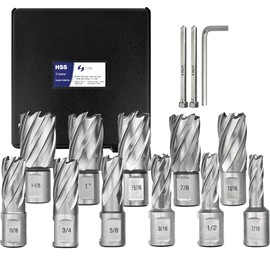 Pro Edge 11pcs Annular Cutter Set, 1" Cutting Depth, 7/16" to 1-1/16" Cutting Diameter, M2 Mag Drill Bits for Magnetic Drill Press with 2 Pilot Pin & 1 Hex Wrench, for Steel, Aluminum, Copper