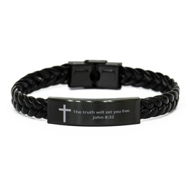 DARIN GIFT Christian Bible Verse Braided Leather Bracelet, John 8:32 inspirational Encouragement Gifts Faith Engraved Stainless Steel Adjustable Religious Jewelry Cross Bracelet For Men Women
