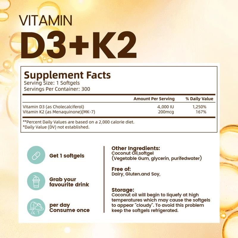 Vitamin D3 K2 Supplement Softgels | 300 Capsules | Natural