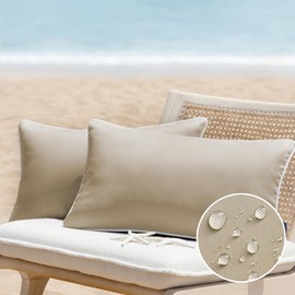 Phantoscope Pack of 2 Outdoor Waterproof Solid Throw Decorative Pillow Cover Decorative Square Outdoor Pillows Cushion Case Patio Pillows for Couch Tent Sunbrella, Light Coffee 12x20 inches 30x50 cm