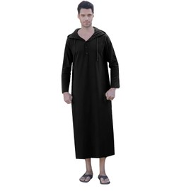 YAOHUOLE Hooded Kaftan for Men Muslim Kaftan Thobe with Pocket Black L