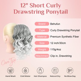 Behufun Ponytail Extension, Drawstring Ponytail 12" Short Curly Clip in Hair Extensions Ponytail Lightweight Fake Pony Tails Hair Extensions Silver Grey