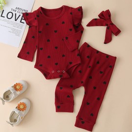 Baby Girl Valentine's Day Outfits Infant Girl Heart Prints Clothes Long Sleeve Romper and Pants Clothing Sets Red 18-24 Months