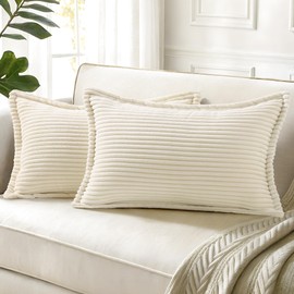 decorUhome Corduroy Cream White Throw Pillow Covers 12x20 Set of 2 Decorative Soft Striped Lumbar Couch Neutral Farmhouse Pillow Covers with Broadside for Living Room Bed Sofa