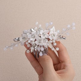 Rumtock White Flower with Rhinestones Beads Hair Comb for Wedding Brides Women Banquet Prom Side Headpiece Handmade Hair Piece (Silver)