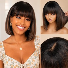 YUELAN Peluca de cabello humano Bob con flequillo, color 1B/30, sin pegamento, peluca Bob con flequillo, peluca de cabello humano corto y lacio para m