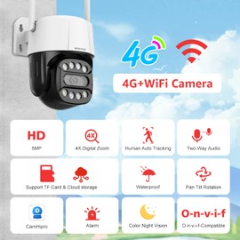 BOAVISION 5MP Outdoor Security Camera, 4G LTE WiFi RJ45 Pan/Tilt/Zoom Human Detection Color Night Vision Automatic Tracking SD Card Recording