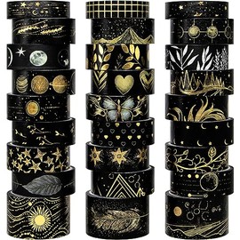 Biuunsf Black Washi Tape Set, 27 Rolls Black Gold Foil Decorative Masking Tape for Bullet Journaling, Scrapbooking Supplies, Watercolor Painting