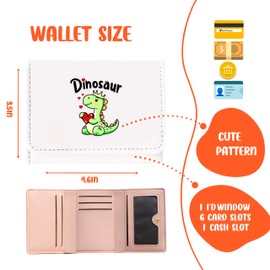 BJDAMAI Dinosaur Wallet For Teens Kids Girls Age 6,7,8,9,10,11,12, Small Slim Thin Mini Compact Women Wallet, Animal Lovers Gifts Stuff, Cash Card Coin Pocket Window For Female!