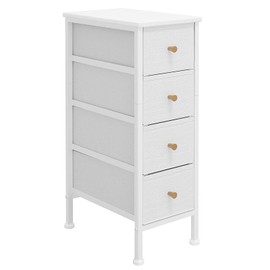 AHRODY Narrow Dresser with 4 Drawers, Slim Drawer Storage Tower for Small Spaces, Slim Fabric Dresser with Leather Front & Wood Top, White Dresser for Bedroom/Living Room/Bathroom