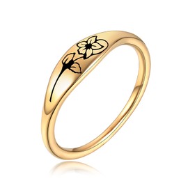 Joliernelle Gold February Birth Flower Ring Dainty Gift for Women Stainless Steel Based Gold Violet Slim Signet Ring Size L 1/2