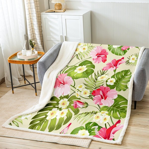 Feelyou Palm Leaves Fleece Throw Blanket Pink Floral Leaves Plush