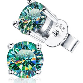 Green Moissanite Stud Earrings 2ct D Color VVS1 Clarity Solitaire Round Cut Moissanite Earrings 18K Gold Plated S925 Sterling Silver Moissanite Jewelry for Women
