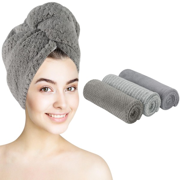 KinHwa 3 Pack Microfibre Hair Towel Wrap Super Absorbent Hair Turban with Buttons Soft and Anti Frizz Hair Caps for Women, Thick, Long, Wet Hair 65 x 25 cm Waffle Stripes