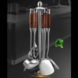 GXONE Cooking Utensils Set,7pcs 304 Stainless Steel Kitchen Utensils Set with Holder,Heat Resistant Wooden Handle Kitchen Tools
