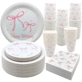 100Pcs Pink Bow Birthday Party Supplies,Pink Bow Tableware Set 9"& 7" Pink Bow Plates Pink Bow Napinks Cups Pink Bow Theme Girls Bachelorette Baby Shower Pink Bow Birthday Party Decor Serve25 (White)