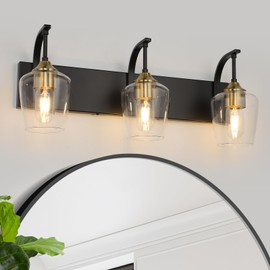 foucasal Black Bathroom Light Fixtures 3-Light Bathroom Vanity Light with Clear Glass Shades, 23.62'' Industrial Black Gold Bathroom Wall Lights for Bathroom Bedroom Hallway Living Room Kitchen
