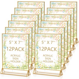Laveduso Acrylic Sign Holder 5x7, 12 Pcs, Clear Picture Frame and Flyer Holder, Double Sided Gold Frame Acrylic Frame for Wedding Table Sign Display.