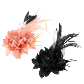PATIKIL Floral Hair Clip, 2 Pcs Elegant Flower Feather Brooch Pin Hat Silk Wedding Party Dance Banquet Pins Accessories Camellia Charm Lady Dress Suit, Black & Pink with Black Feathers