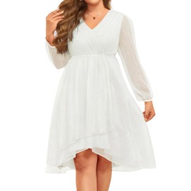 Talisea Plus Size White Dress Formal Bridal Shower Cocktail Wedding Fall Long Sleeve A Line V Neck Midi Dresses for Curvy Women