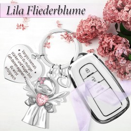 YnewL Smoothness Guardian Angel Lucky Charm Keyring with Gemstones and Lilac Flowers, pink