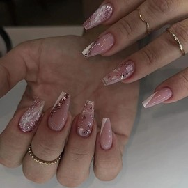 MISUD Press on Nails Long Coffin Fake Nails Glossy Glue on Nails White Ombre Acrylic Nail Supplies Ballerina Artificial Nail Art Bling Glitter Stick on False Nails with Design DIY 24 pcs