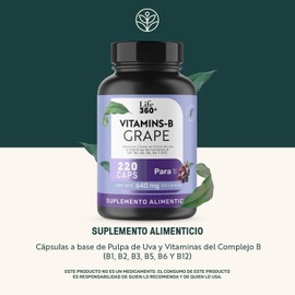 Life 360+ VITAMINS-B GRAPE | 220 cápsulas | Cápsulas a base de pulpa de uva y vitaminas del complejo B (B1, B2, B3, B5, B6 Y B12) | Suplemento Alimenticio | Cápsulas de gelatina y agua | 220 cápsulas en tarro.
