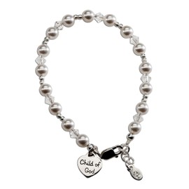 Precious Pieces Children's Sterling Silver "Child of God" Heart Charm Bracelet with High-End simulated pearls Baptism Gift (1-5 years)