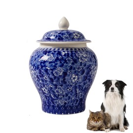 KnocKconK Handmade Ceramic Pet Urn for Dogs, Cats, Pet Blue and White Porcelain Ash Urn, Chinaware Memorial Cremation Funeral Burial Urn Keepsake, Forever Memory Box Memorial(White/Blue)