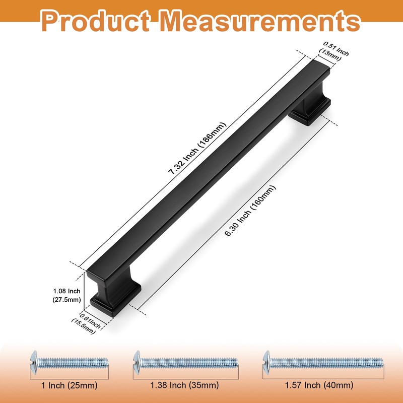 Probrico 5 Pack Matte Black Kitchen Cabinet Pulls 6.3 Inch