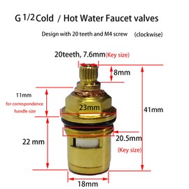 Faucet Cartridge, Brass Ceramic Faucet Stem Disc Cartridge Replacement Quarter Turn G1/2" 41MM Faucet Valves for Bathroom Kitchen Tap(Clockwise)