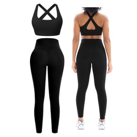 Workout Sets for Women 2 Piece Outfits Cute Gym Athletic Pilates Clothes Conjunto Deportivo Para Mujer Seamless High Waist Yoga Leggings and Padded Sports Bras Two Piece Matching Set (P080 Bla S)