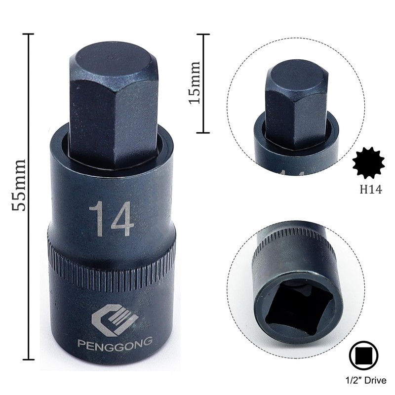 Juttzzei Hex Bit Socket, 1/2" Drive x H14 (14mm) Hex