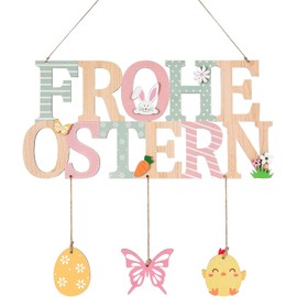 Scinzene Easter Decoration for Hanging, Wooden Decorative Sign with Easter Bunny and Eggs, Weatherproof Easter Decoration for Door, Window and Garden, Modern Spring Decoration Set