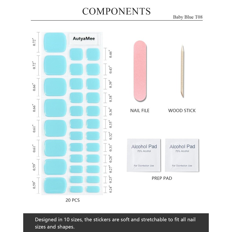AutyaMee Semi Cured Gel Toenail Strips (Baby Blue T08), 32