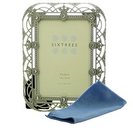 Sixtrees Alice 2-503-46 Antique Vintage Shabby Chic Style silver metal 6 x 4 inch photo frame with beads and crystals. With microfibre cleaning cloth.