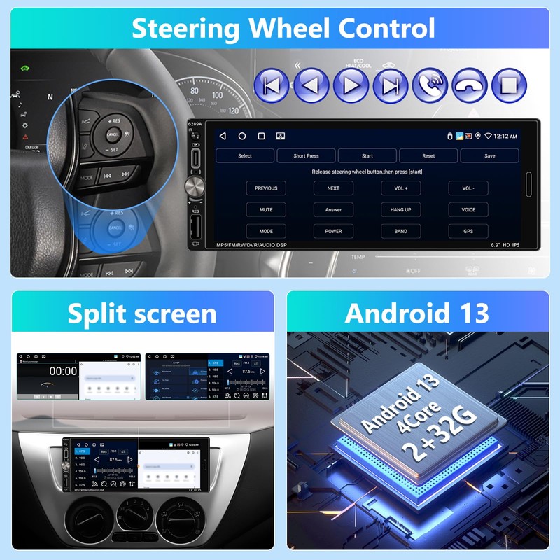 Motorsi Android 13 Single DIN car Stereo 6.9 Inch HD