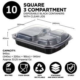 Sabco - 3 Compartment Reusable Meal Prep Containers Black Base with Lids BPA Free - Ideal for Batch Cooking Food Diet & Bodybuilding, Lunch Box, Takeaways & Airlines. (10)