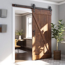 SMARTSTANDARD 6ft Heavy Duty Sliding Barn Door Hardware Kit, Black, (Whole Set Includes 1x Pull Handle Set & 1x Floor Guide) Fit 36" Wide Door Panel (Big Industrial Wheel Hangers)